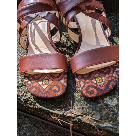Nine West Shoes Women SZ 8.5 Cognac Yesta Leather Strappy Boho Sandals - Picture 2 of 9
